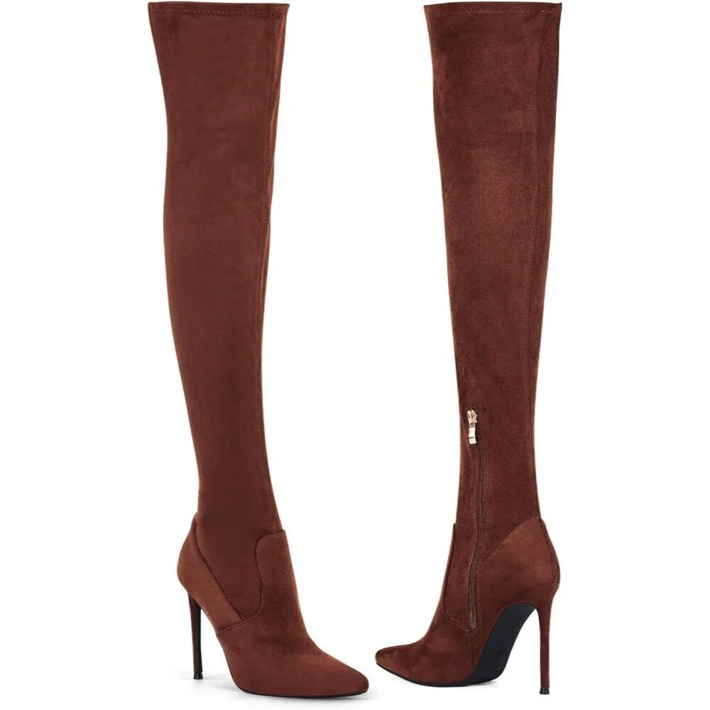 Women Brown Suede Pointed Toe 4.3 inch Stilettos Thigh High Stretch Heels Boots
